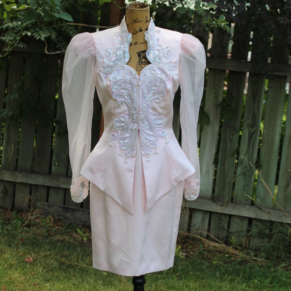 Vtg 80s Karen Okada David Howard Pink Satin Sequin Pearl Skirt Suit Women's S